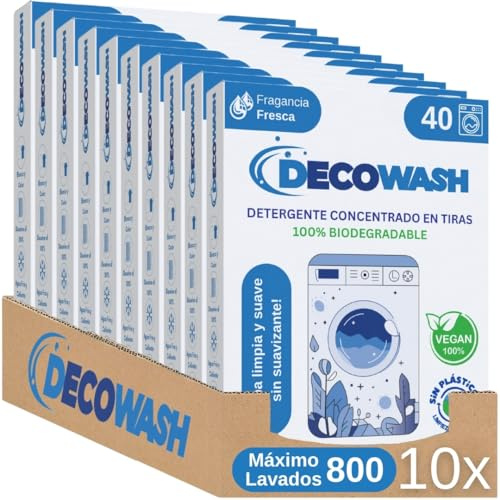 Detergente en Tiras para Lavadora (Máximo 800 Lavados) - Efecto Suavizante, Ecológico, Hipoalergénico, Vegano y Cruelty Free - Pack de 10 Unidades - (Fragancia Fresca)