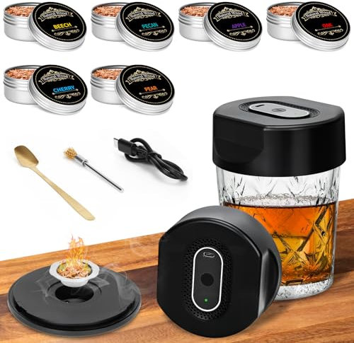 Electric Whiskey Smoker Kit with 6 Flavors Wood Chips, Rechargeable Cocktail Smoker Kit Built-in Lighter, Old Fashioned Cocktail Kit, Bourbon Whiskey Gifts for Dad, Husband and Cocktail Lovers