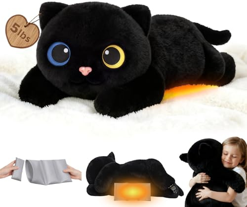 Mewaii Peluche Gatto Nero Riscaldabile e Ponderato da 23 Pollici con Cuscinetto Rimovibile – Peluche Morbido da Abbraccio per Bambini e Adulti, Regalo Soffice e Caldo per Tutte le Stagioni