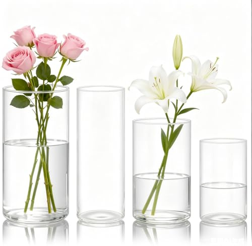 mawmuaw 4 Stück Blumenvase Transparente Acryl Vasen Set Vase Kunststoff | Zylindervasen Bruchsichere, für Blumenarrangements, DIY, Tischdeko, Hochzeitsdekoration (12x25&10x20&8,5x15&7,8x25cm)