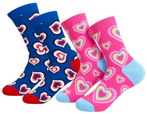 Scinzene 2 Paar Herz Socken für Damen & Herren – Bunte Herzsocken Set – Valentinstag Geschenkidee – Baumwollmischung Damen Socken 39-42 & 37-43 – Lustige Motivsocken Blau & Rosa