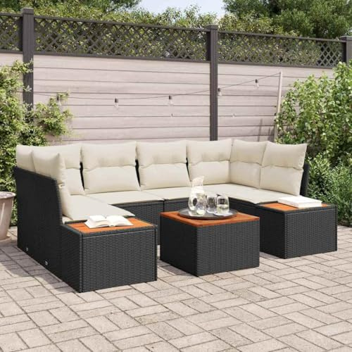 Holamys Garten-Sofa-Set mit Kissen, 7-teilig, Schwarz Poly Rattan, modulares Outdoor-Möbel für Terrasse, langlebig, wetterfest, für 6 Personen