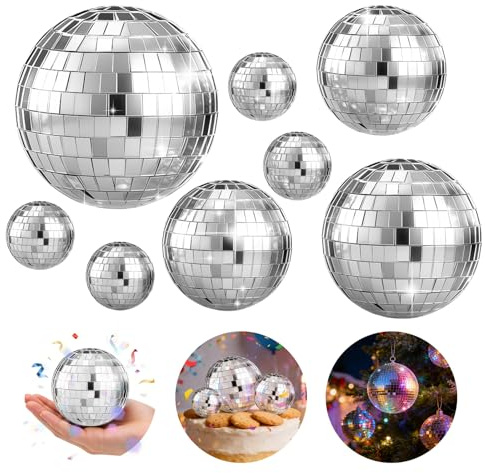 AMFUN 11 PCS Mirror Disco Ball Set, Silver Hanging Disco Light Ball, Reflective Mirror Ball, Glass Mirror Glitter Balls for Home, Party, Wedding, Holiday Decoration