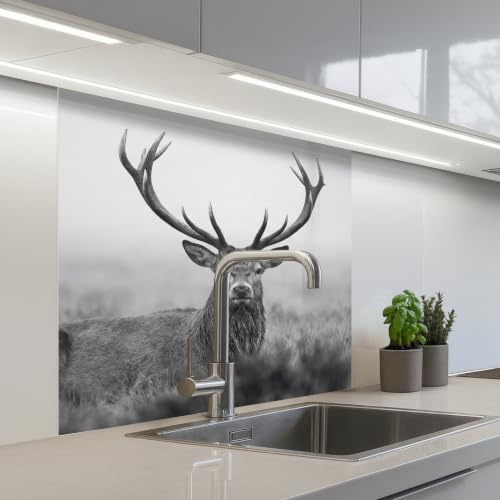 KitchenYeah© Splashback for Kitchen self-Adhesive Sink Splash Splatter | 32x32 / 80x80 cm - Guard Splashbacks Walls Deer - Foggy - Black - White
