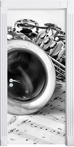Stil.Zeit Möbel Monocrome, Saxophon auf Notenpapier als Türtapete, Format: 200x90cm, Türbild, Türaufkleber, Tür Deko, Türsticker