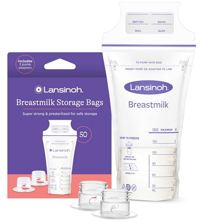 Lansinoh 50 Count 6 Ounce Breast Milk Storage Bags with Pump Adapters, Leak Resistant, Freezer Safe, Presterilized, Disposable, Multi-layered, Zipper Closure
