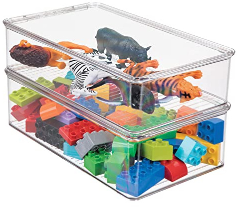 mDesign Spielzeugaufbewahrung – Aufbewahrungsbox mit Deckel zum Spielsachen verstauen im Regal oder unter dem Bett – transparent - 2er-Set