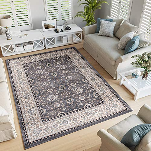 TAPISO Colorado Teppich Kurzflor Grau Creme Beige Floral 120 x 170 cm | strapzierfähiger Teppich Wohnzimmer Klassisch Orientalisch Ornament Muster Orientteppich OEKO-TEX