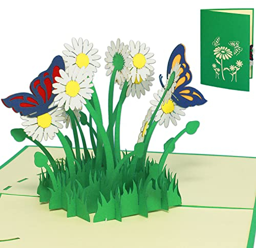 LIN 17554, POP - UP Karten, POP UP Karten Geburtstag, Pop Up Karte Blume, Pop Up Geburtstagskarte, 3D Grußkarten Klappkarte viel Glück Gute Besserung, Schmetterlinge, Margeriten, N310
