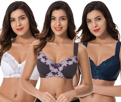 Curve Muse Soutien-Gorge Grande Taille Minimiseur sans Armatures ni Doublure avec Broderie en Dentelle - Pack de 3-Blanc, Marine, Gris-90C