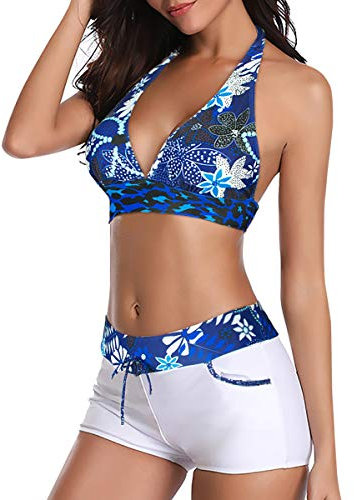 Durio Bikini Damen Set Bikini Verstellbar Zweiteiliger Badeanzug Push Up Bikini mit Hotpants Weiß mit Blauen Blumen 40