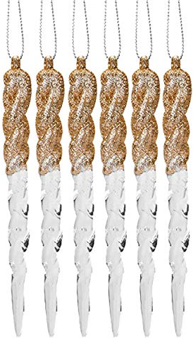 Snow White 6 Pack 12cm Acrylic and Glitter Icicles Christmas Tree Decoration - Champagne Gold