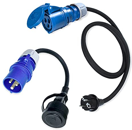 Camping CEE Strom Adapter Kabel 2er Set Stecker Kupplung für Wohnmobil Wohnwagen Boot H07RN-F 3x2,5mm² 230V 16A Stromadapter blau 1,5m u. 0,3m 16A 3X dreipolig