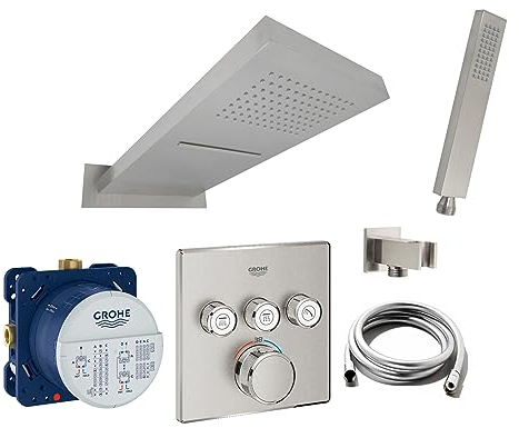 vanvilla Duschsystem mit Unterputz Duscharmatur von Grohe SmartControl Supersteel 3-Wege und vanvilla Regendusche mit Armatur, Duschkopf Schwall, Dusch-SET GB05 gebürstet