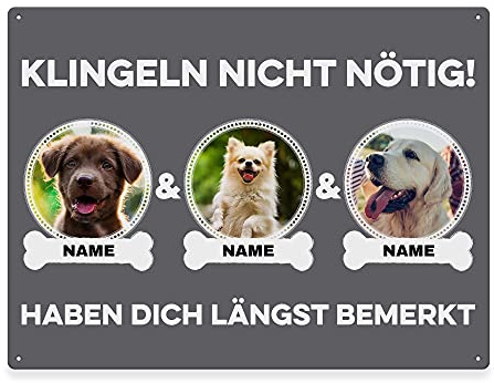 Hunde Schild personalisiert - Klingeln nicht nötig - Metallschild mit Foto und Name für außen, wetterfestes Türschild für Hundebesitzer - DIN A5-21 x 15 cm, drei Tiere, grau