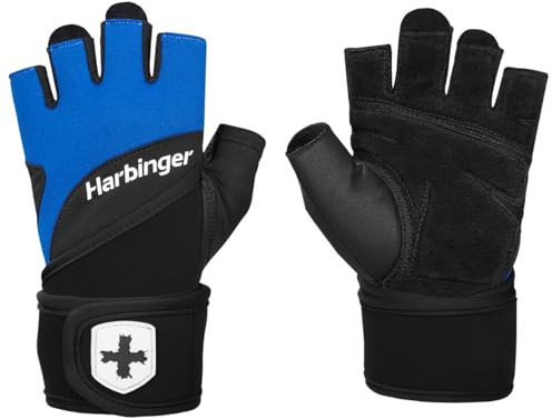 Harbinger Training Grip Wristwrap 2.0 Handschuhe - Schwere Lifting-Handschuhe mit TechGel gepolstertem Handballen, Klettverschluss, 4-Wege-Stretch, Fingerziehhilfen - Unisex, Blau, Groß