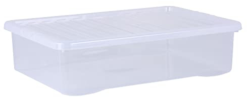 Wham Crystal 46L Plastic Storage Box With Lid - Pack of 4, Under Bed Storage, Clear, Large, Stackable, Strong (4x 46 Litre) Made in UK
