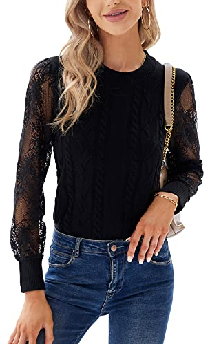 GRACE KARIN Schwarzer Pullover Damen Elegant Langarmshirts Sweatshirt Pitzenoberteile Tops Herbst Winter L