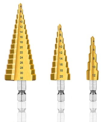 Set di 3 Punte Coniche per Trapano HSS Drill Bit 4-12/4-20/4-32mm Titanio Rivestito Step Drill Conico Trapano per PVC, Legno, Metallo, Alluminio, Rame