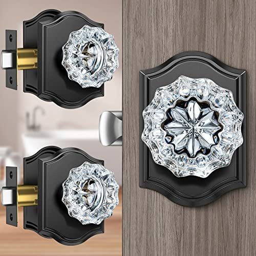 Calzibeno 3 Pack Crystal Door Knobs with Lock, Glass Door Knobs Interior for Privacy Use, Black Crystal Door Knobs for Bedroom Bathroom, Vintage Glass Crystal Door Knob Set