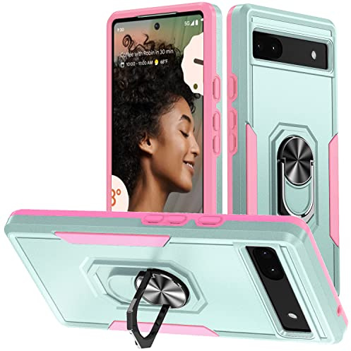 Huzhide for Google Pixel 7A Phone Case Kickstand, Green & Pink | Military Grade Heavy Duty Protection, Hybrid Hard PC Shockproof TPU, Ring Holder, Magnetic, Slim Matte Bumper Armour Cover