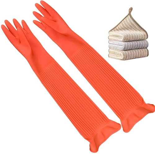 Vsootal - 3 Pairs Extra Long Household Kitchen Gloves for Washing Dishes, 20 Inch Rubber Cleaning Gloves, Reusable Latex Washing Gloves, Long Sleeves (Medium, Red)