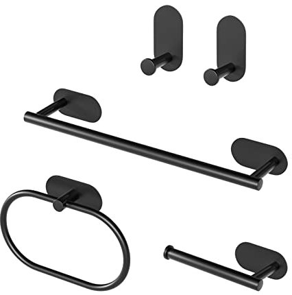 Sarsumir Black Towel Rail Wall Mounted Toilet Roll Holder Hand Towel Holders For Bathrooms & Kitchen Stainless Steel Towel Rack Self Adhesive Hooks - 5 Pieces Bath Accessories Kit No Drilling