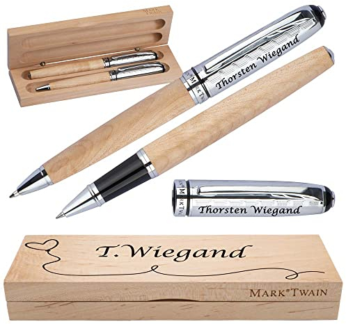 Juwelier Schönschmied Holz-Schreibset | Kugelschreiber & Rollerball mit Gravur | Großraummine Blau | Holzbox mit Ständer | Festtags-Thema