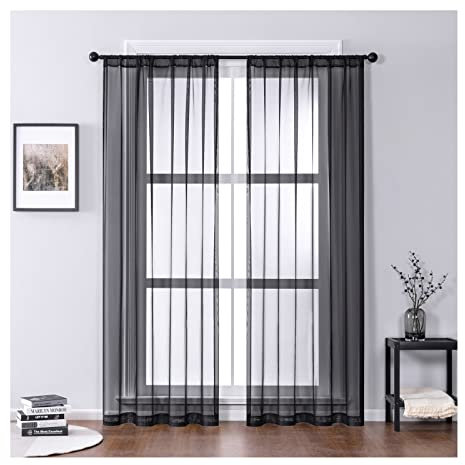 Lieson Gardinen Wohnzimmer 2er Set, Polyester Tüll Vorhang Modern ohne Bohren Vorhänge Schlafzimmer Schwarz 107x160CM