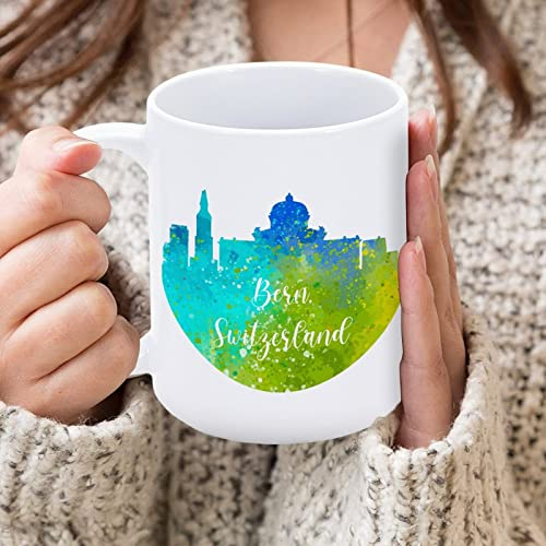 Yelolyio Kaffeetasse mit Motiv Schweiz Bern und Regenbogen-Skyline, Aquarell-Kunst, Stadtbild, Kaffeetasse, 425 ml, Keramik, Muttertag, Weihnachten, Geburtstag, Geschenke für Männer, Frauen, Kinder