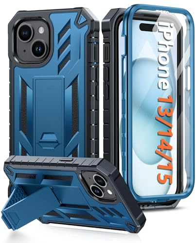 FNTCASE for iPhone 15/14/13 Case Built-in Screen Protector and Kickstand | 20FT Military-Grade Drop Protection, Anti-Slip Matte Textured, Rugged Heavy Duty Shockproof TPU Protective Cover, Blue