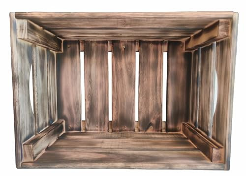 Miller Holz Kiste geflammt - Holzkiste stapelbar, robust und nachhaltig - Hochwertige, handgefertigte Obstkiste Holz, Kartoffelkiste zum lagern (S)