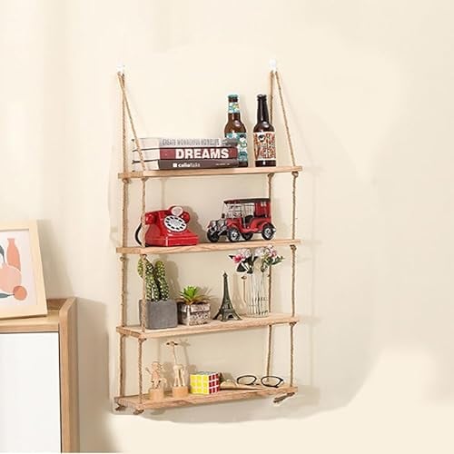 BODYGAD Estante Flotante de 4 Niveles, Estantes de Madera de Macramé Bohemio para Colgar en La Pared con Ganchos, Sin Taladrar, Decoración de Pared para Dormitorios, Cocina, Baño, Sala de Estar