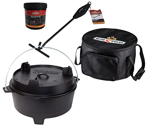 Grillfürst Dutch Oven ca.12 Liter - stabil stehender Feuertopf durch speziell entwickelte T-Füße, hitzebeständiger Gusseisen Topf, Deckel nutzbar, DO12 inkl. Deckelheber, Tasche und Pflegepaste