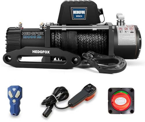 HEDGFOX Elektrische Seilwinde, 12 V, 5896.7 kg Zugleistung, elektrische synthetische Seilwinde, wasserdicht, IP68, mit 2 kabellosen Fernbedienungen und Handschalter für Schwerlastfahrzeuge, Jeep, SUV,