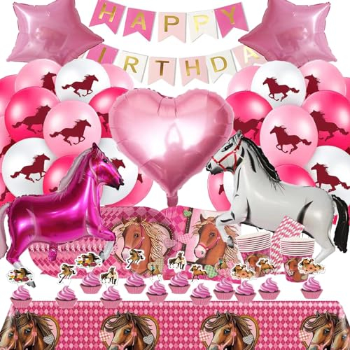 SunwE 100 PCS Vaisselle de fête Cheval Pour 16 personnes, Set de Vaisselle Cheval Rose, Décorations Anniversaires Cheval Rose, Fête d'anniversaire Thème du Cheval