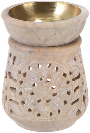 GURU SHOP Indische Duftlampe, ätherisches Öl Diffusor, Teelicht Halter für Aromatherapie, Aromalampe aus Speckstein - Rund Blüte 5, Creme-weiß, 10x8x8 cm, Duftlampen & Öllampen