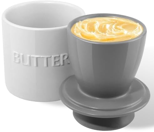 QIAMO Keramik Butterdose, Französische Butterdose mit Deckel, Butterglocke aus Porzellan, Butterdose Grau mit Wasserlinie, für weiche Butter (weiß)