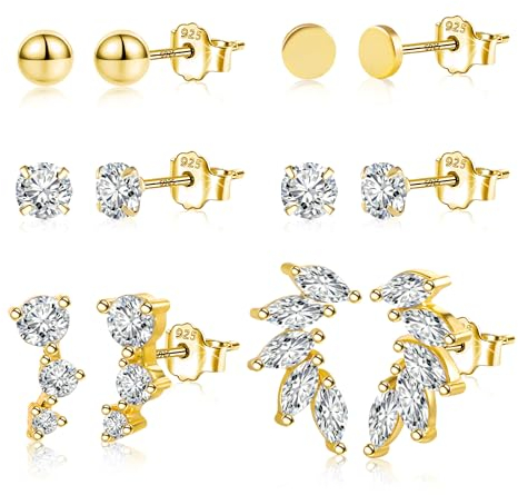 Ohrstecker Gold Ohrringe Set, ASH'S CHOICE Silber 925 Ohrstecker Gold Set Multipack Kleine Ohrsteck Gold Damen, 9ct Gold Ohrringe mit Zirkon Strass Kugel Lange Blatt Glitz Ohrstecker Knorpel Ohrringe