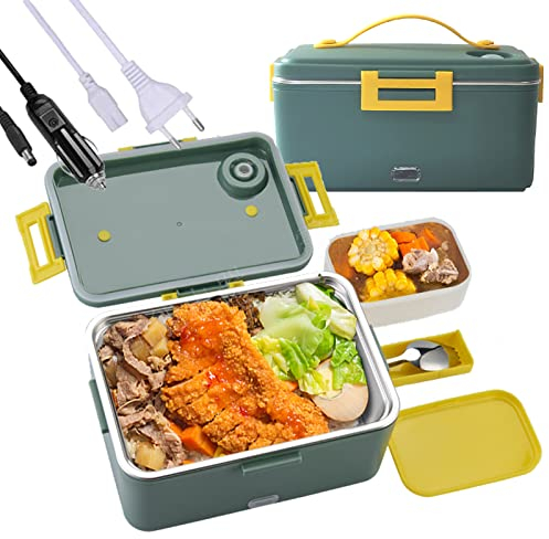 ZLJSHZS Caja de calefacción eléctrica Calentador de Alimentos 12 V/24 V/110 V para camión/Coche/Trabajo/hogar con Recipiente de Acero Inoxidable 304, Tenedor y Cuchara, Verde, 1800 ml