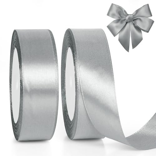 GXFCING Geschenkband Silber 25mm Breit, 46 Meters Satinband Schleifenband Silber Ribbon für Geschenkverpackung, Bastelarbeiten, Weihnachten, Geburtstag, Taufe, Hochzeit