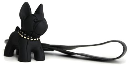 DUB SPENCER Süßer French Bulldog Hunde Miniatur Figur Schlüsselanhänger als Französische Bulldogge mit Leder Anhänger, Karabiner & Schlüsselring in 4 Farben + Duftbaum & Aufkleber (Schwarz)