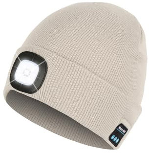 Bluetooth Beanie Hat with Light, Headlamp Cap with Headphones and Built-in Speaker Mic, Gifts for Men Women Teen, Beige, One size