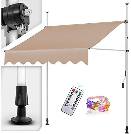 Outdoor Patio Electric Retractable Awning with LED Light and Hand Crank Adjustable Pergola Shade Cover for Balcony Non Screw Installation with UV Protection
