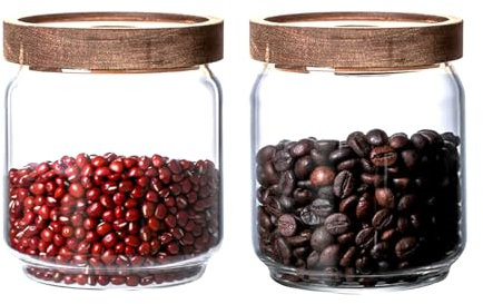 PENGSHU Glass Jars with Airtight Wood Lids - 500 ML Small Kitchen Pantry Storage Containers, Storage Canister for Tea, Ground Coffee, Sugar, Spice, Salt, Salad, Matcha, Nuts, Q-Tip, Candle, Set of 2