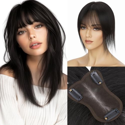 Elailite Real Human Hair Topper For Women Naturschwarz Clip in Hair Toppers Echthaar Haar Topper Damen Haartopper mit Pony Haarteil Haarteile Silk Lace 27.5cm 20g #1B