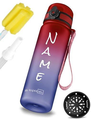 My Vesperbox – Minny - Kinder Trinkflasche - Personalisiert mit deinem Name – 500,750, 1000ml ink. Strohhalm oder Sieb - BPA frei - für Kindergarten, Schule, Sport, Freizeit (Rot - Blau 500ml)