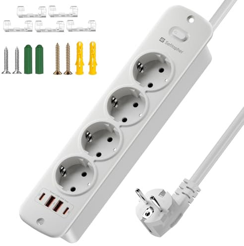 Multiprise escamotable à 4 Prises avec 2 USB C et 2 USB A, 8 en 1, avec Interrupteur, 4000 W 16 A, avec parasurtenseur pour la Maison, Le Bureau, câble de 2 m
