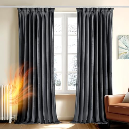 Deconovo Samtvorhang Blickdicht Gardinen mit Kräuselband Velvet Curtains Samt Vorhänge Thermovorhang für Wohnzimmer Schlafzimmer, 160x140cm(HöhexBreite), Grau, 2er Set