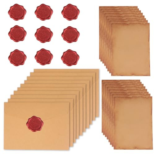 Vintage Briefpapier – Vintage Papier Briefumschläge, Set mit 16 Blättern Vintage-Papier, 10 Kraftumschlägen und 10 Wachssiegeln – für Hochzeitseinladungen, Geburtstagskarten und Grußkarten